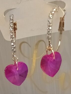 Pretty Gold Tone Crystal Hoop Earrings with Pink Heart Drops